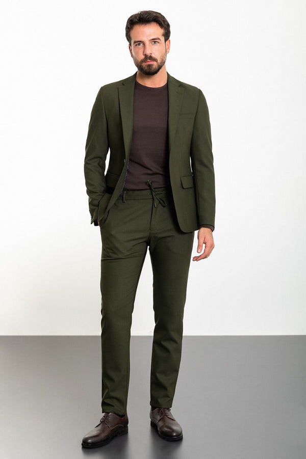 MCR | Tweedelige set, Slim fit colbert en pantalon met koord – Donkergroen