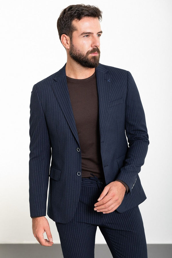 MCR | Tweedelige set, Slim fit Blauw gestreepte colbert en pantalon met koord