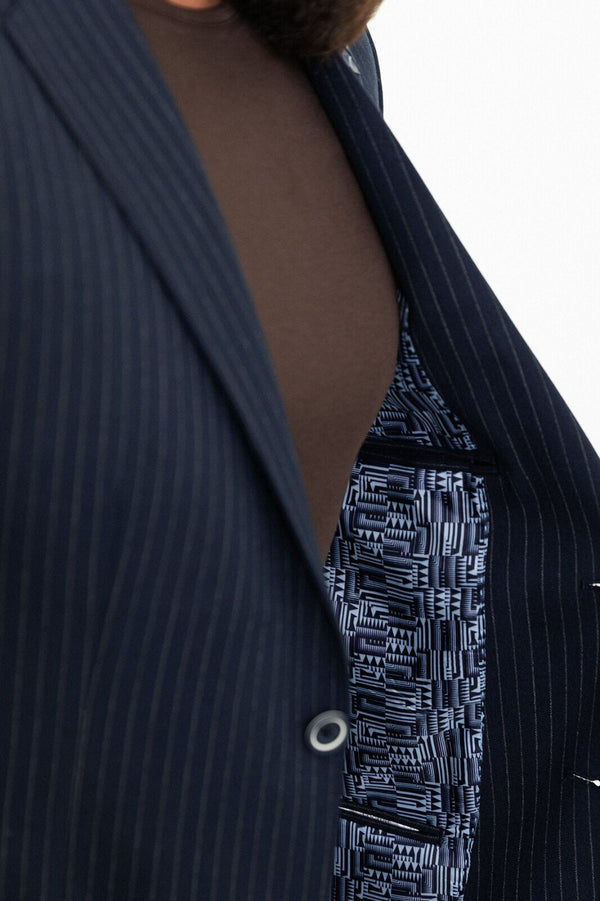 MCR | Tweedelige set, Slim fit Blauw gestreepte colbert en pantalon met koord