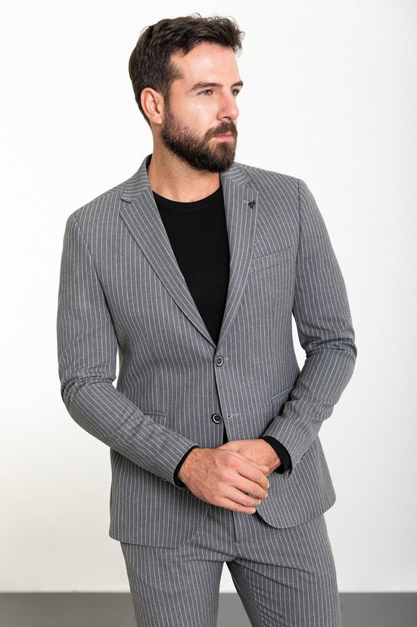 MCR | Tweedelige set, Slim fit Grijs gestreepte colbert en pantalon met koord