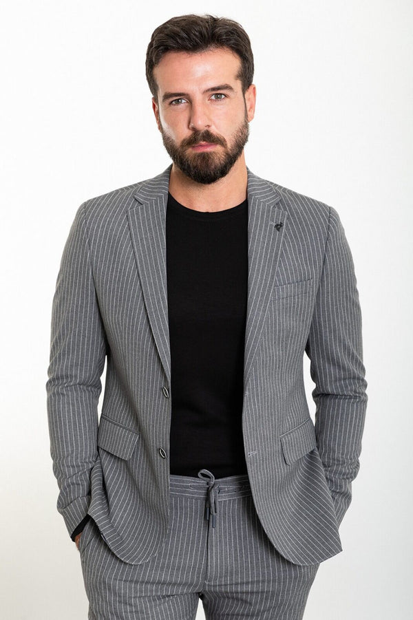 MCR | Tweedelige set, Slim fit Grijs gestreepte colbert en pantalon met koord